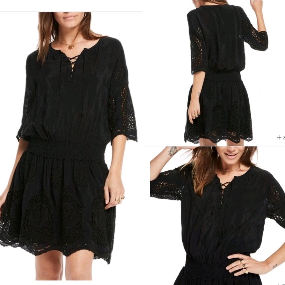 Scotch & Soda Black Eyelet Lace Ruched Waist Dress Mini Size S